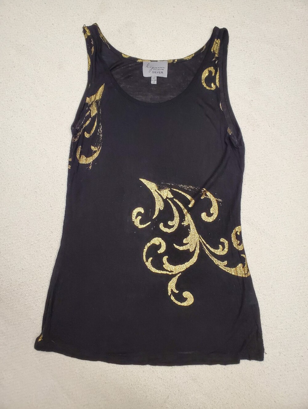Lynn Ritchie Silver XS Silk Black Gold Foil Scroll Tank Top Evening Going Out